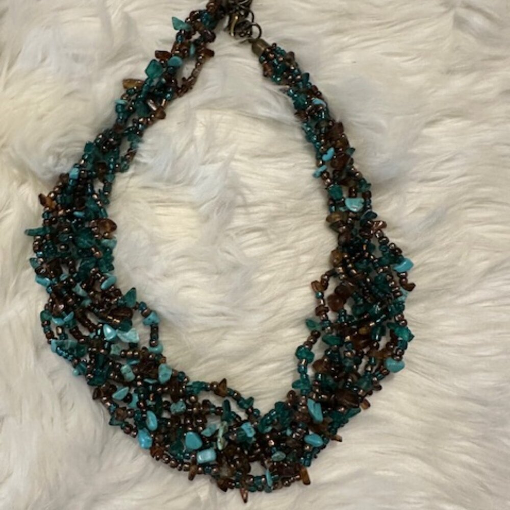 Turquoise, Amber & Tiger Eye 8Strand Beaded Statement Necklace & Earring Set NWT - Picture 3 of 5